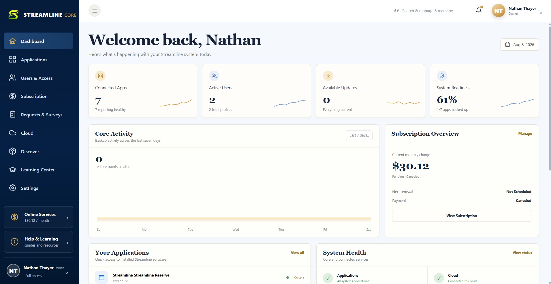 Streamline Core dashboard