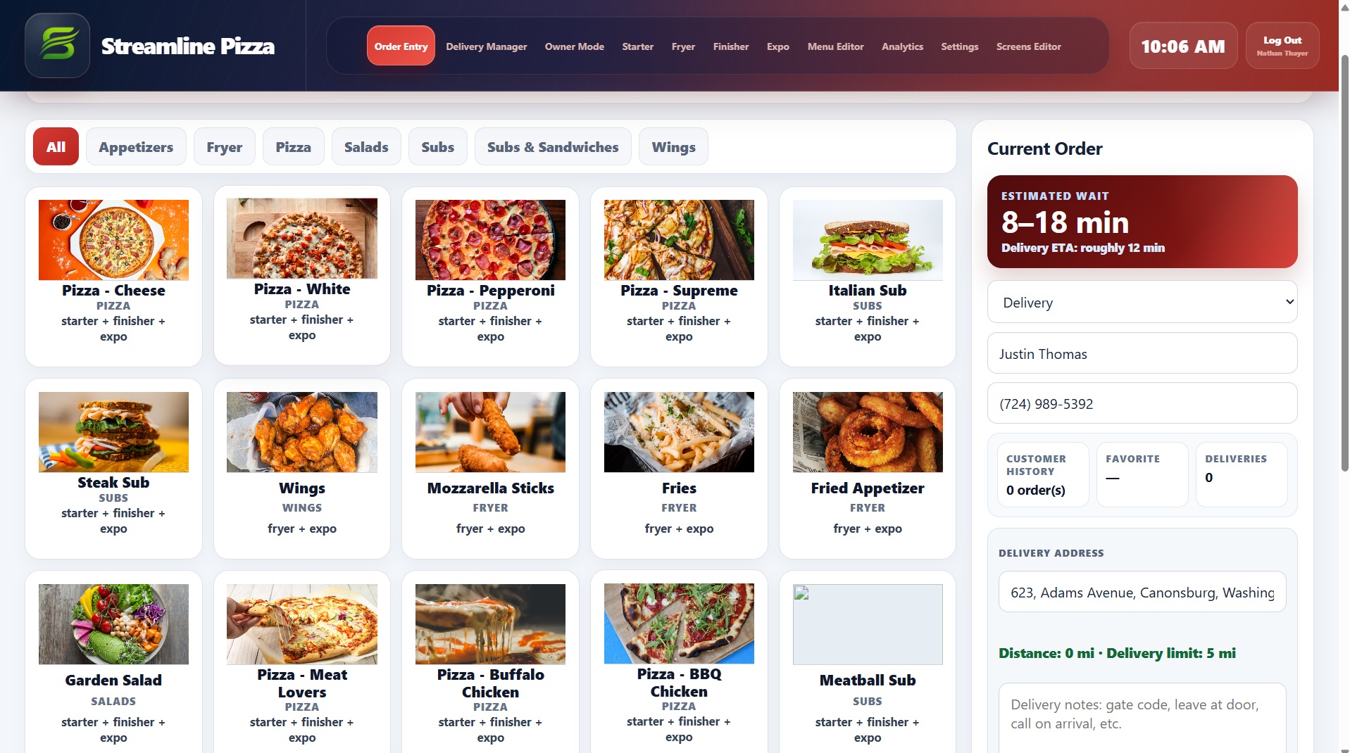 Streamline Pizza order entry interface